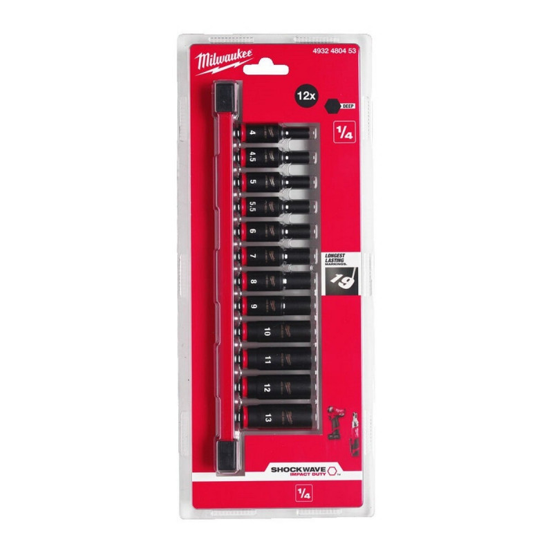 Trieciena muciņu komplekts 4-13 mm 1/4" pagarinātas 12 gb Milwaukee