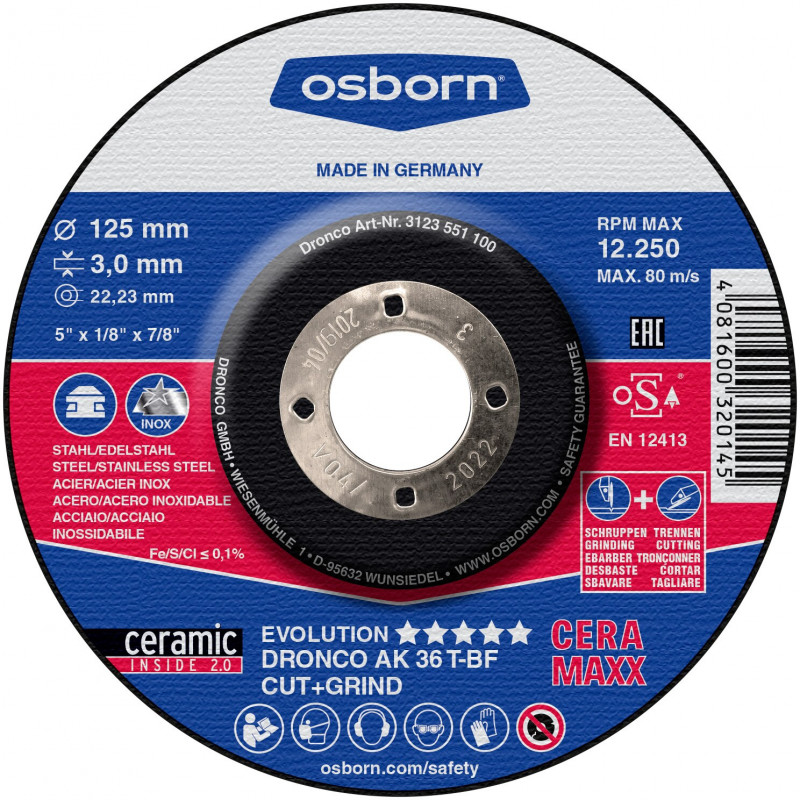 Slīpripa Cut&Grind Ceramaxx 125x3,0x22,23 Osborn