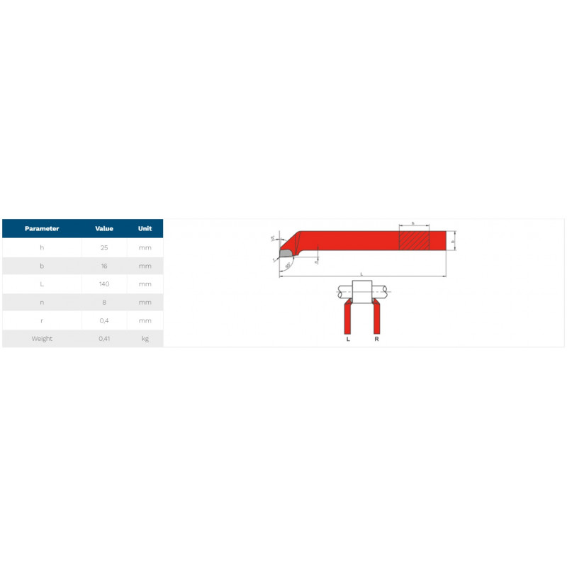 Apvirpojamais grieznis taisns kreisais K20 čuguna apstrādei 25x16mm kāts